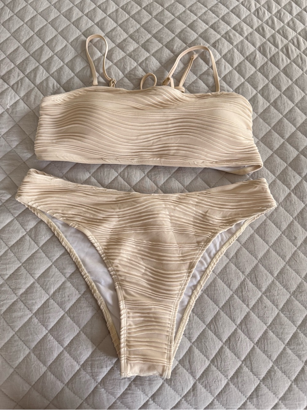 Beige Textured Bandeau Bikini Set